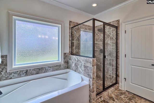 bathroom featuring crown molding and plus walk in shower