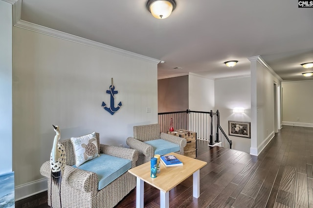 interior space featuring dark hardwood / wood-style flooring and ornamental molding