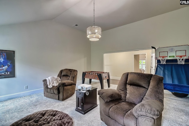 carpeted living room with vaulted ceiling