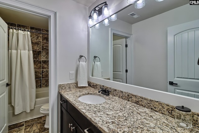 full bathroom featuring vanity, toilet, and shower / bathtub combination with curtain