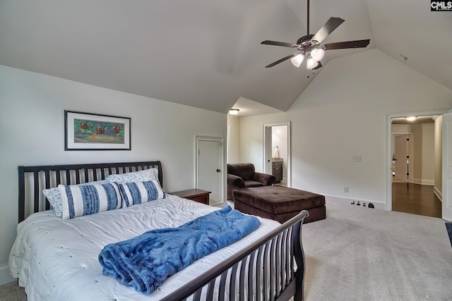 bedroom with carpet, high vaulted ceiling, and ceiling fan