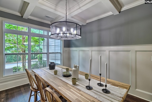 dining area featuring crown molding, an inviting chandelier, beam ceiling, coffered ceiling, and dark hardwood / wood-style flooring