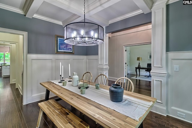 dining room featuring an inviting chandelier, beam ceiling, coffered ceiling, dark hardwood / wood-style flooring, and ornate columns