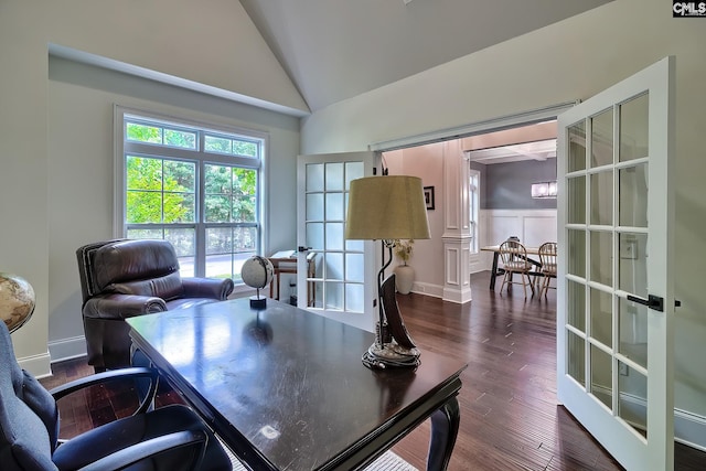 office space with french doors, lofted ceiling, and dark hardwood / wood-style flooring