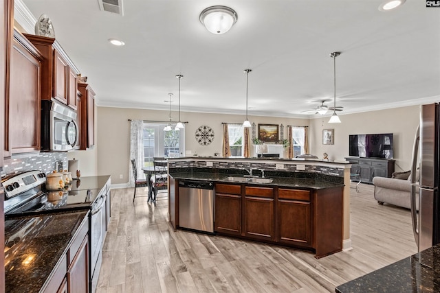 kitchen with sink, crown molding, hanging light fixtures, appliances with stainless steel finishes, and light hardwood / wood-style floors