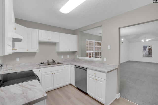 kitchen with sink, white cabinetry, range with electric stovetop, stainless steel dishwasher, and kitchen peninsula