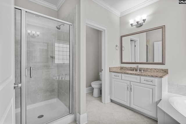 full bathroom featuring crown molding, separate shower and tub, vanity, and toilet