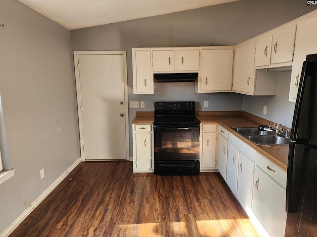 kitchen featuring white cabinetry, sink, dark hardwood / wood-style flooring, and black appliances