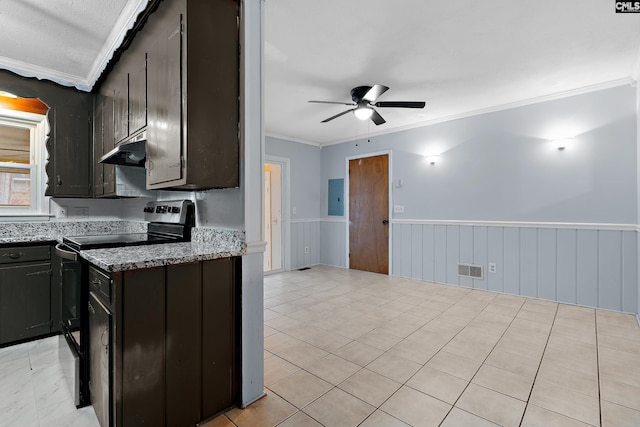 kitchen featuring dark brown cabinetry, electric stove, electric panel, and ceiling fan