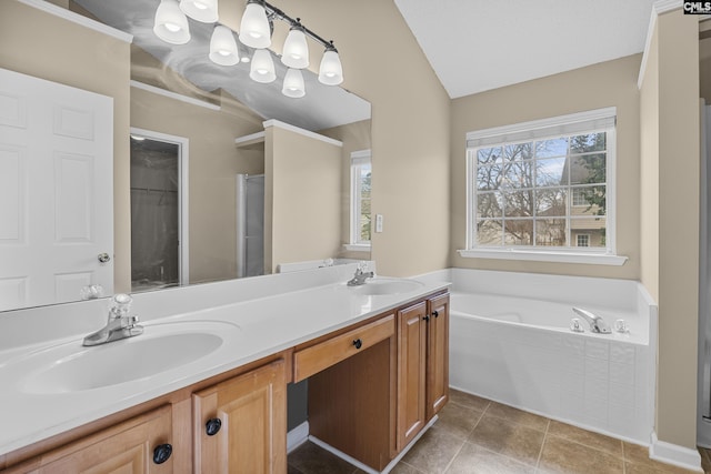 bathroom with vanity, vaulted ceiling, tile patterned floors, and separate shower and tub