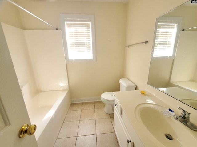 full bathroom with a wealth of natural light, tile patterned floors, toilet, and shower / washtub combination