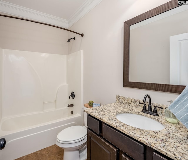 full bathroom featuring tub / shower combination, vanity, ornamental molding, tile patterned floors, and toilet