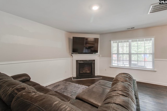 living room with dark hardwood / wood-style floors and a premium fireplace