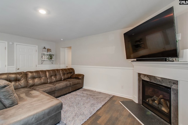 living room with a premium fireplace and dark wood-type flooring