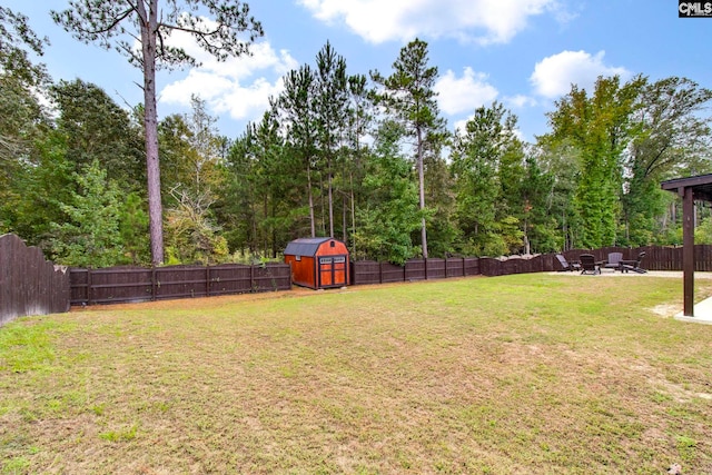 view of yard featuring a fire pit and a storage unit