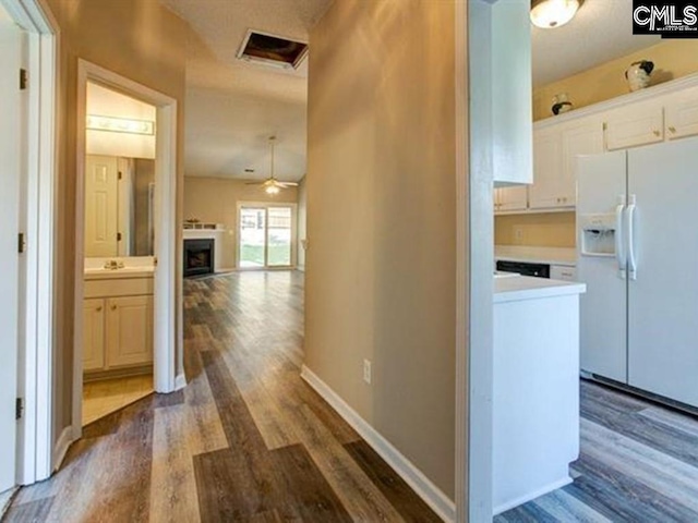 hallway featuring dark wood-type flooring