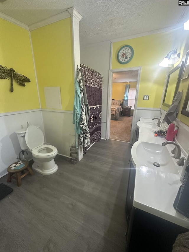 bathroom with vanity, wood-type flooring, a textured ceiling, a shower with curtain, and toilet