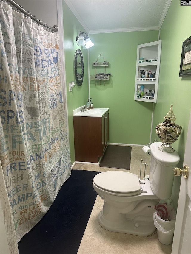 bathroom with ornamental molding, vanity, toilet, and a shower with shower curtain