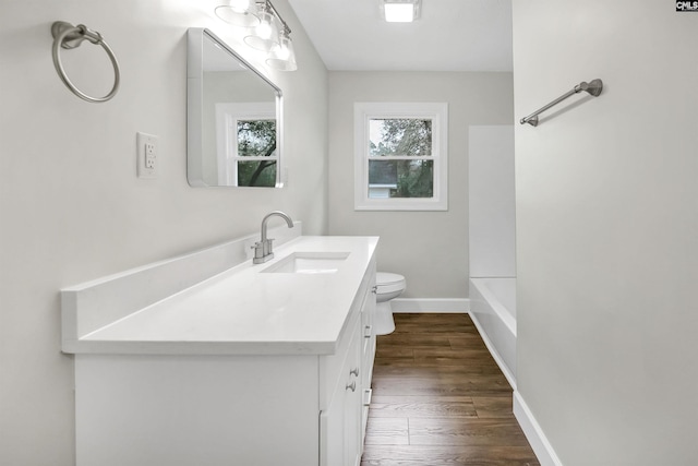 bathroom with vanity, hardwood / wood-style floors, and toilet