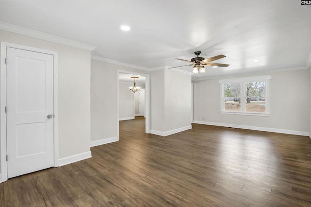 unfurnished room featuring crown molding, dark wood-type flooring, and ceiling fan with notable chandelier