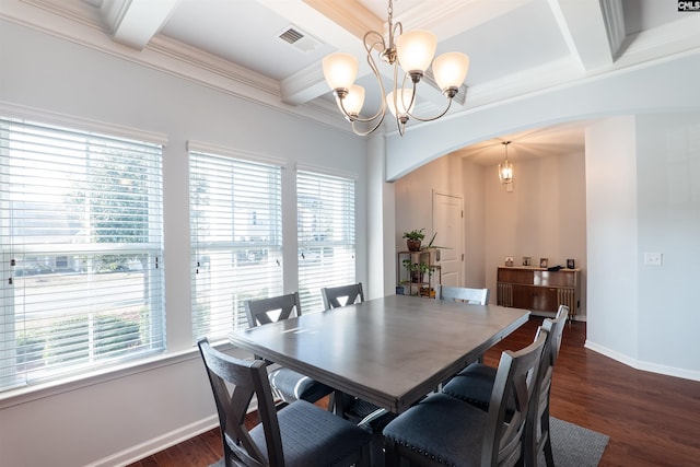 576 Flat Creek Dr, Blythewood, SC 29016 - dining space with visible vents, baseboards, dark wood-style floors, an inviting chandelier, and arched walkways