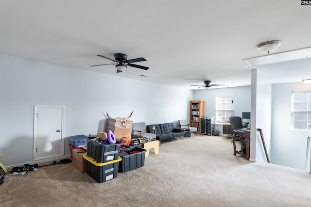 576 Flat Creek Dr, Blythewood, SC 29016 - carpeted living room with attic access and a ceiling fan