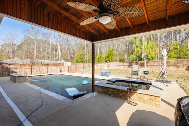 576 Flat Creek Dr, Blythewood, SC 29016 - view of pool featuring a fenced backyard, a fenced in pool, an in ground hot tub, ceiling fan, and a patio area
