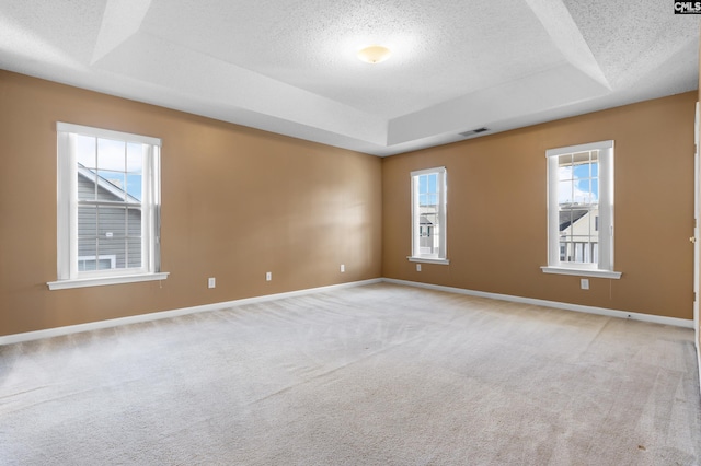 carpeted empty room featuring a raised ceiling and a textured ceiling