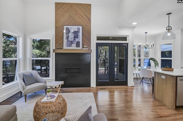 387 Bedford Way, Prosperity, SC 29127 - entryway featuring an inviting chandelier, hardwood / wood-style floors, french doors, and a high ceiling