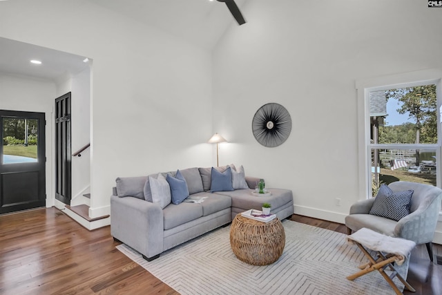 387 Bedford Way, Prosperity, SC 29127 - living room featuring wood-type flooring, plenty of natural light, and high vaulted ceiling