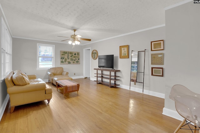 living room with ornamental molding and light hardwood / wood-style flooring