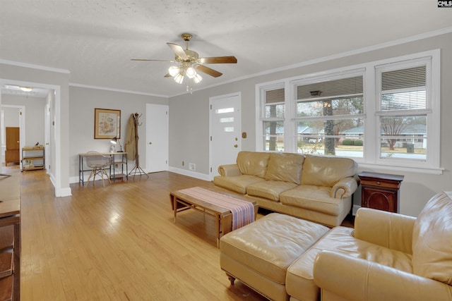 living room featuring ornamental molding, ceiling fan, and light wood-type flooring