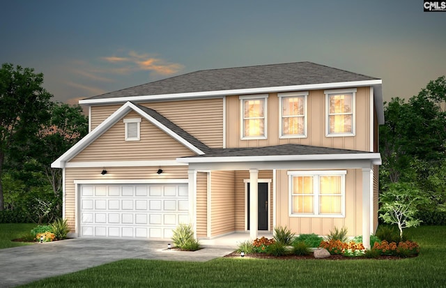 traditional home featuring a porch, an attached garage, a shingled roof, driveway, and board and batten siding