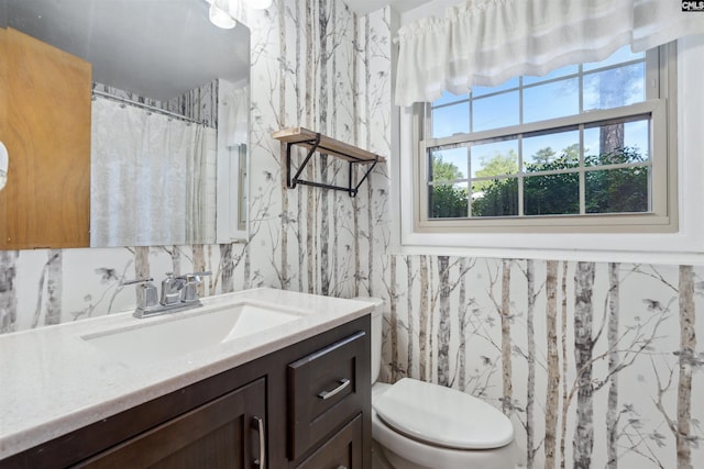 bathroom with vanity, curtained shower, and toilet