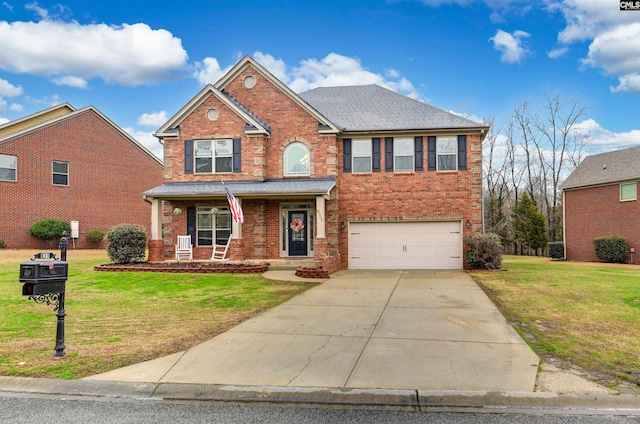 view of front facade featuring a garage, a front yard, and a porch