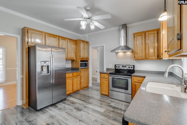 kitchen featuring sink, wall chimney exhaust hood, stainless steel appliances, crown molding, and light hardwood / wood-style flooring