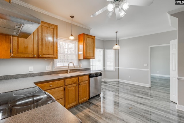 kitchen featuring sink, hardwood / wood-style flooring, ornamental molding, stainless steel dishwasher, and wall chimney range hood