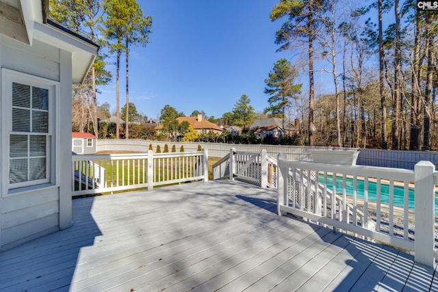 deck featuring a fenced in pool