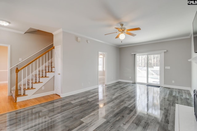 unfurnished living room with crown molding, hardwood / wood-style flooring, and ceiling fan