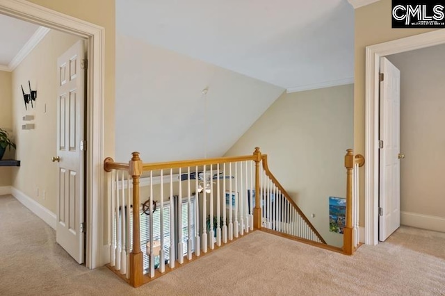 hallway featuring light carpet, ornamental molding, and lofted ceiling