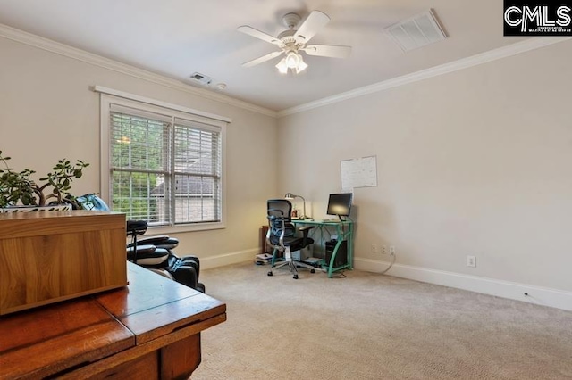 office featuring ceiling fan, ornamental molding, and carpet flooring