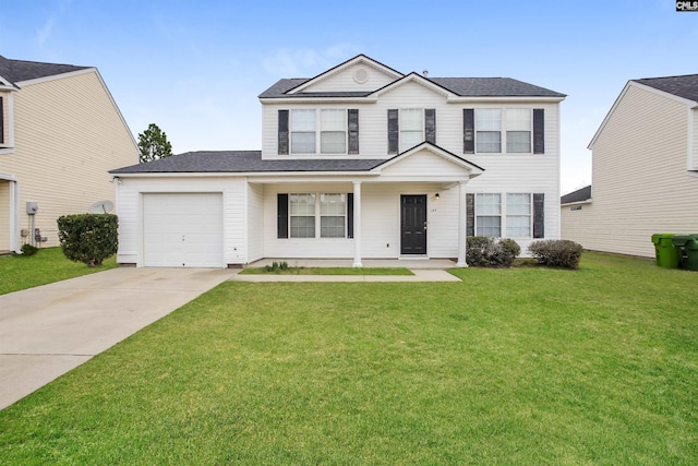 view of front of house featuring a garage and a front lawn