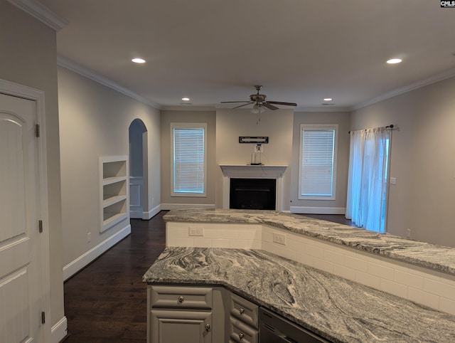 kitchen with ornamental molding, light stone countertops, dark hardwood / wood-style floors, and ceiling fan