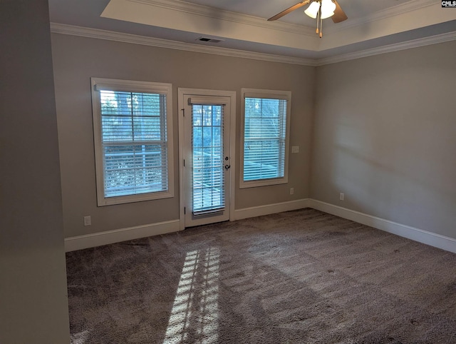 entryway featuring ornamental molding, plenty of natural light, carpet, and a tray ceiling