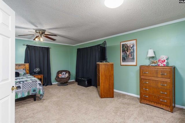 carpeted bedroom featuring crown molding, a textured ceiling, and ceiling fan