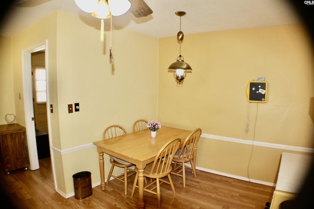 dining space featuring ceiling fan and wood-type flooring