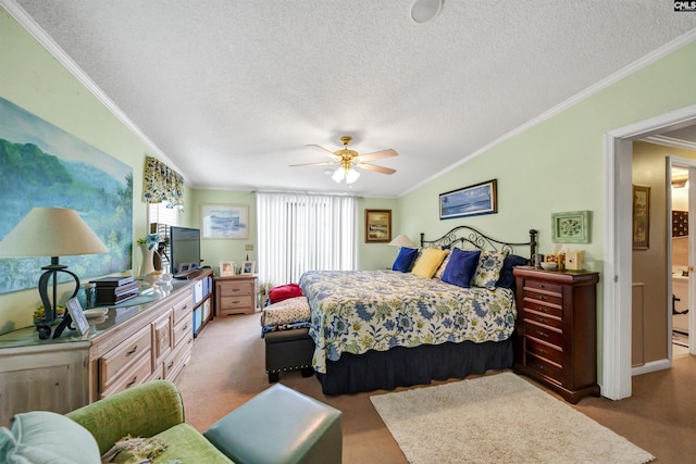 carpeted bedroom with crown molding, ceiling fan, and a textured ceiling