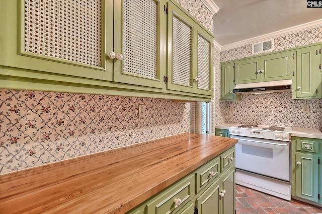 kitchen with crown molding, backsplash, white electric range oven, green cabinetry, and wood counters