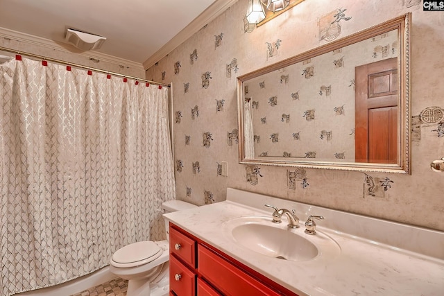 bathroom featuring crown molding, vanity, toilet, and a shower with curtain