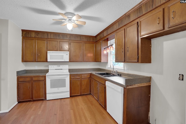 kitchen featuring sink, white appliances, light hardwood / wood-style flooring, ceiling fan, and a textured ceiling